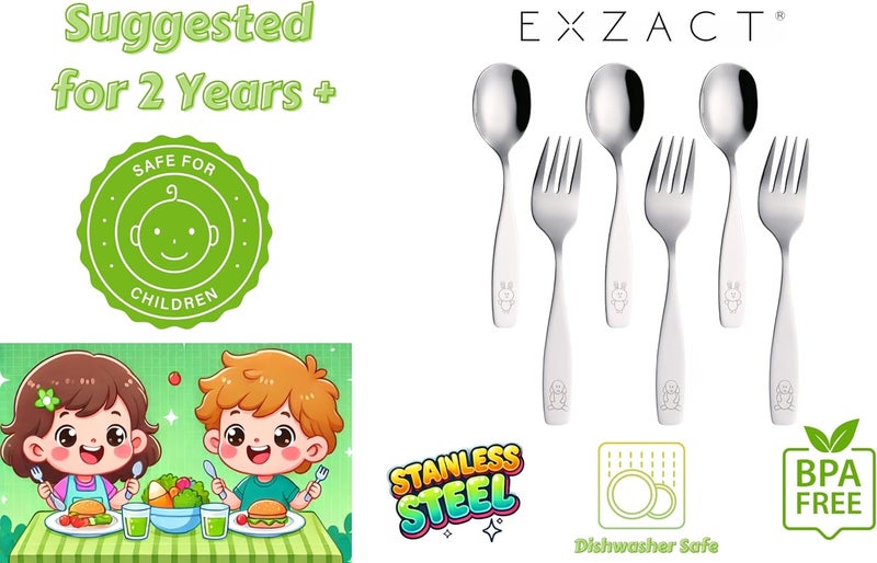 Exzact Children Flatware 6pcs - 3 x Forks, 3 x Spoons - Toddler Utensil Kids Silverware Cutlery Stainless Steel - Dishwasher Safe - Image 4